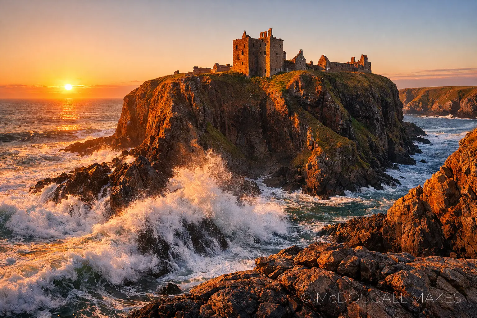 Dunnottar|Castle|Highlands|Sunrise|Cliffs|Golden Hour|Ocean