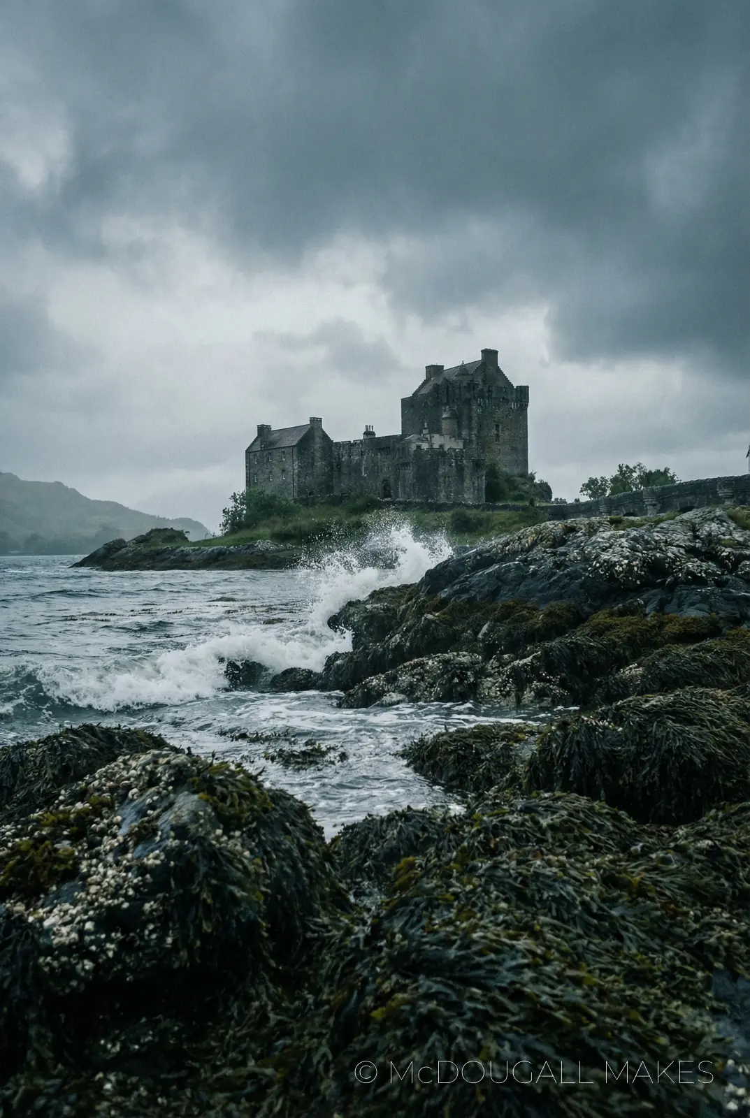 Eilean Donan|Castle|Vertical|Seaweed|Tide|Stone|Moody