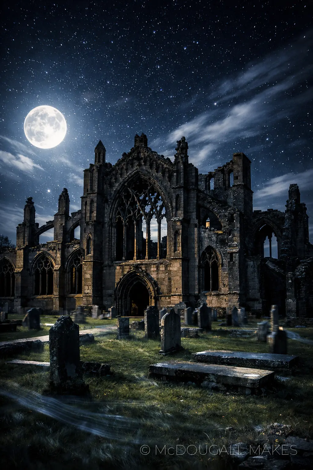 Melrose Abbey|Night|Moonlight|Stars|Ruins|Borders|History
