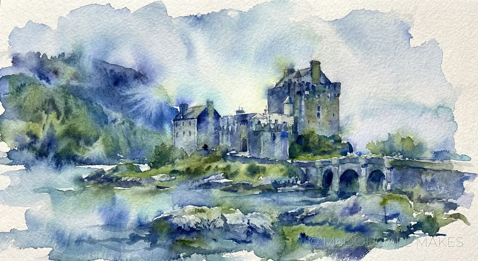 Eilean Donan|Watercolor|Art|Soft|Wet-on-Wet|Misty|Highlands