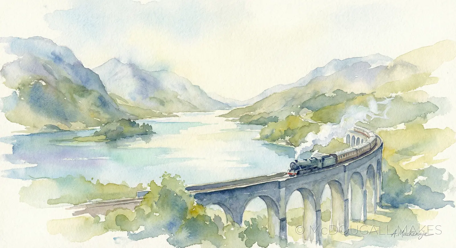 Glenfinnan|Viaduct|Watercolor|Art|Soft|Pastel|Serene|Highlands