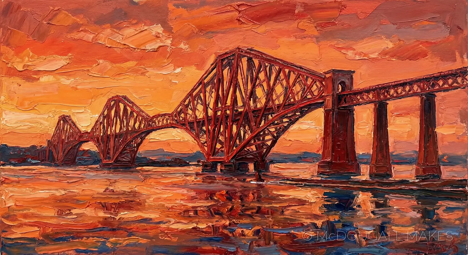Forth Bridge|Oil Painting|Industrial|Impasto|Red Steel|Art|Dawn