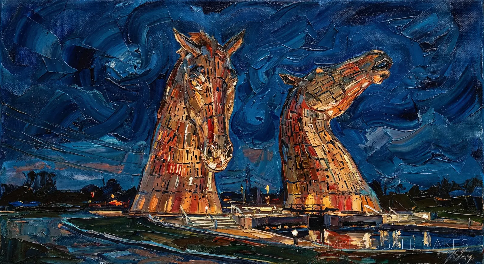 Kelpies|Oil Painting|Expressionistic|Night|Palette Knife|Steel|Lights