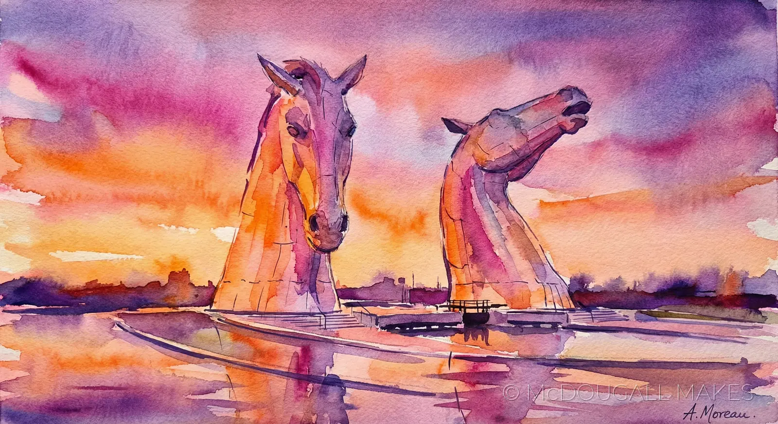 Kelpies|Watercolor|Art|Soft|Vibrant|Sunset|Luminous|Sculpture