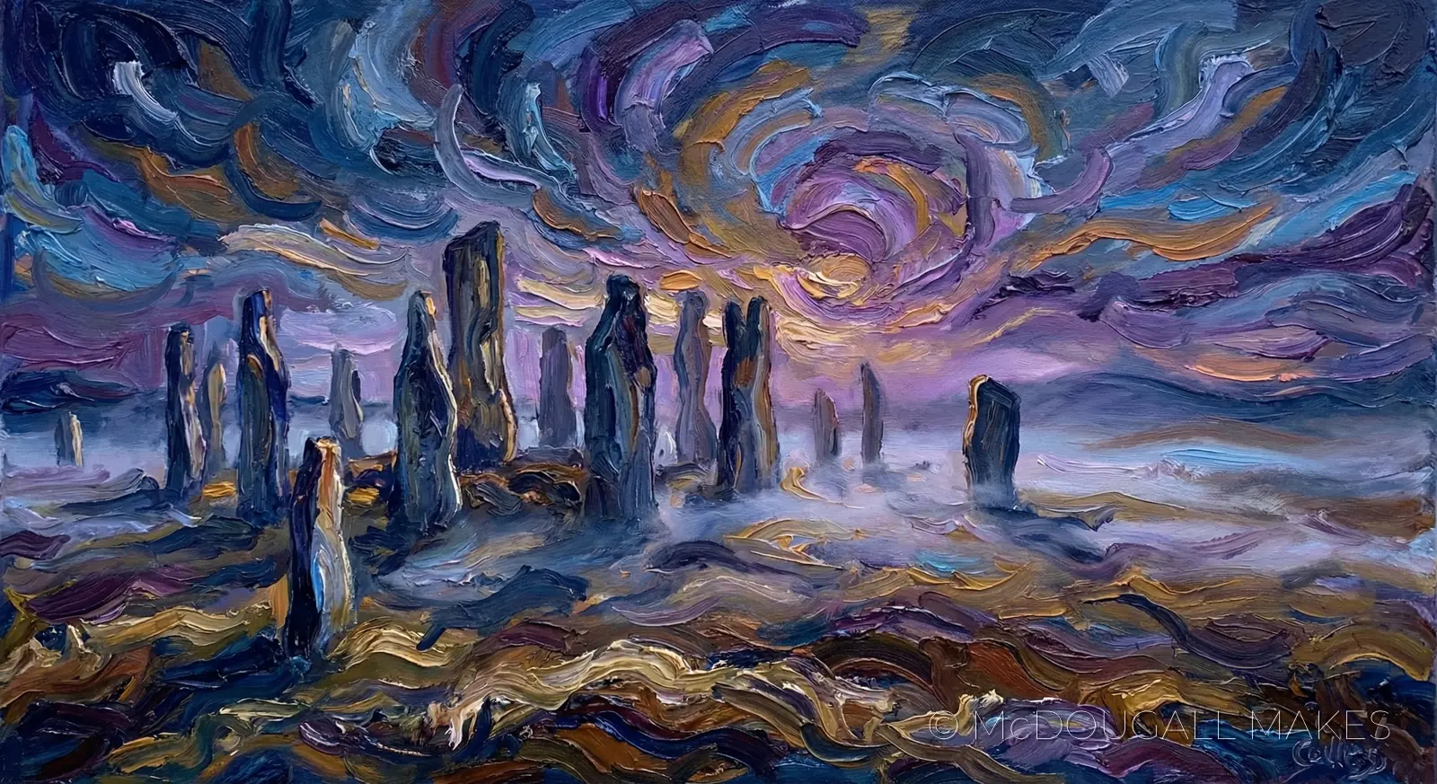 Callanish|Stones|Oil Painting|Post-Impressionist|Dawn|Moody|Ancient