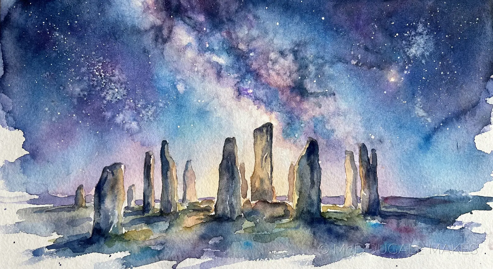 Callanish|Stones|Watercolor|Night|Stars|Ethereal|Ancient|Art