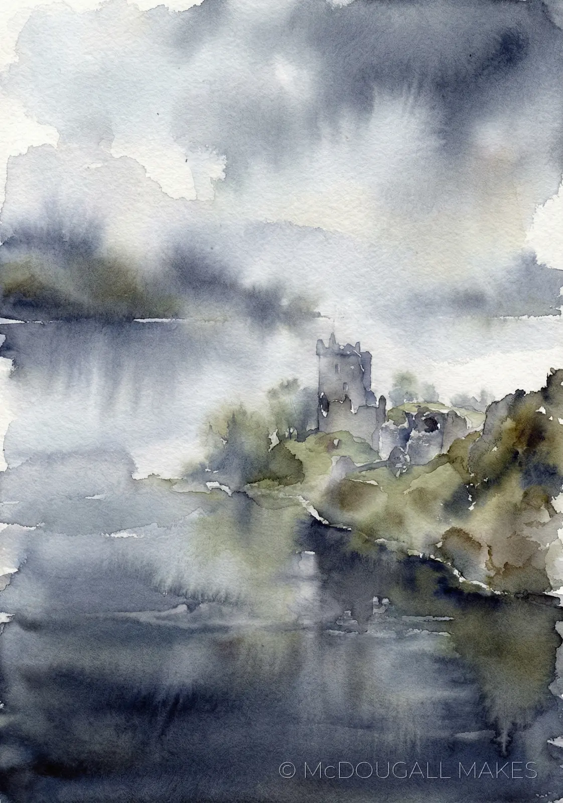 Urquhart Castle|Loch Ness|Watercolor|Art|Soft|Misty|Ruins|Fog