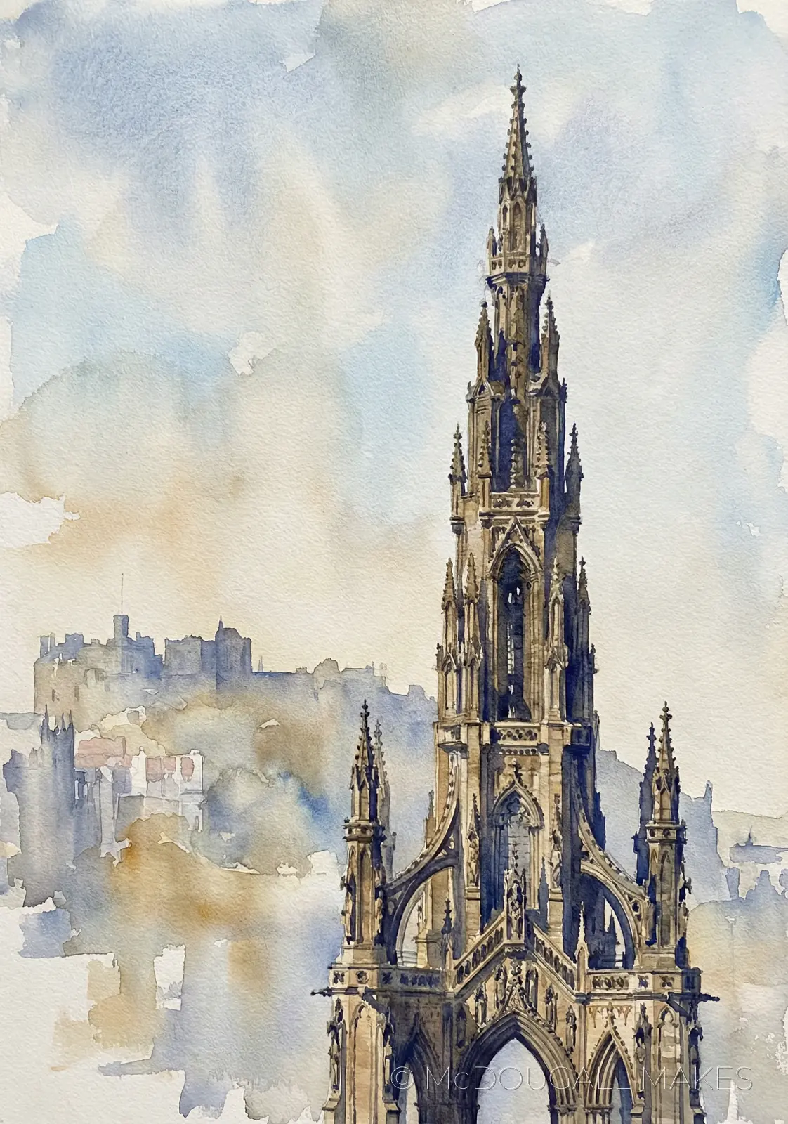 Scott Monument|Edinburgh|Watercolor|Art|Soft|Luminous|Gothic