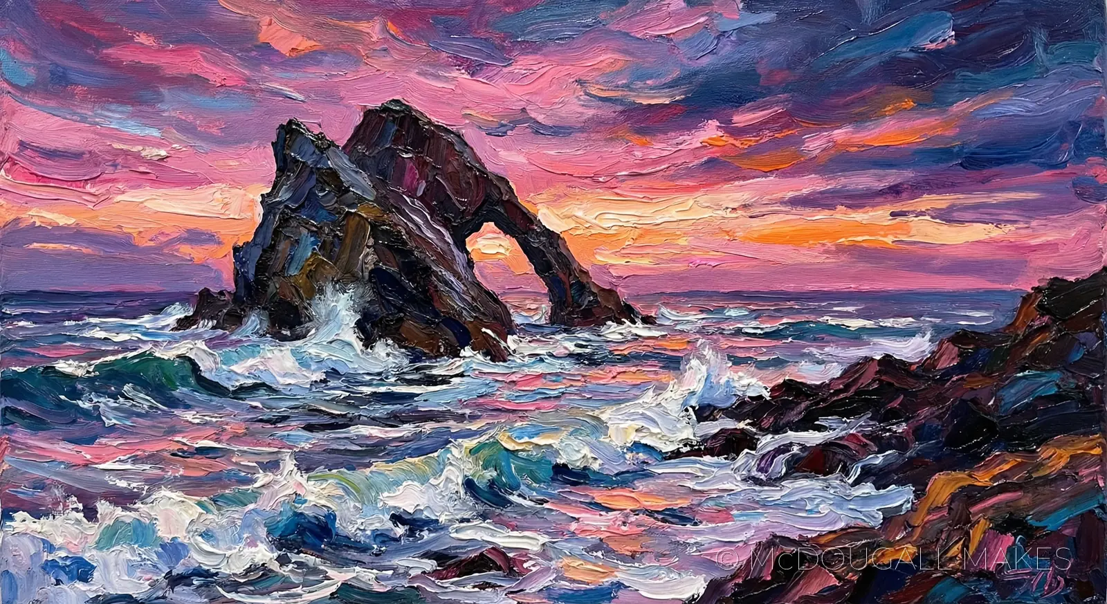 Bow Fiddle Rock|Moray|Oil Painting|Sea Arch|Sunset|Ocean|Texture