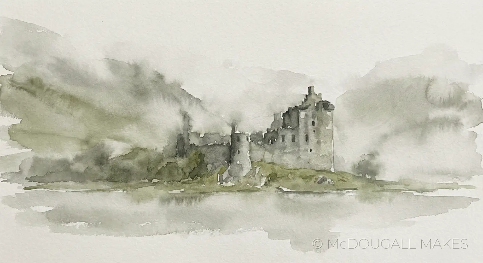 Kilchurn|Castle|Loch Awe|Watercolor|Art|Fog|Misty|Ruins