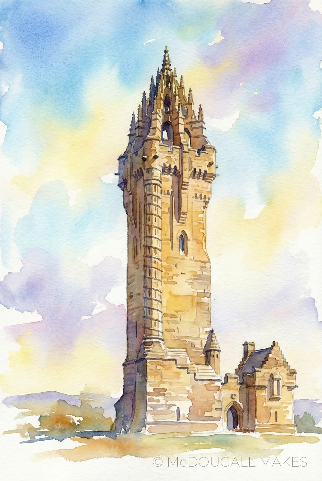 Wallace Monument|Stirling|Watercolor|Art|Tower|Vertical|Luminous