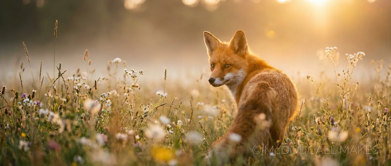 Fox|Wildlife|Sunset|Wildflowers|Vibrant|Nature|Soft